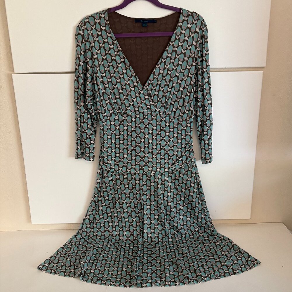 Boden Sage and Brown Mod Print Midi Stretch Ruche Jersey V-neck Dress 16 R